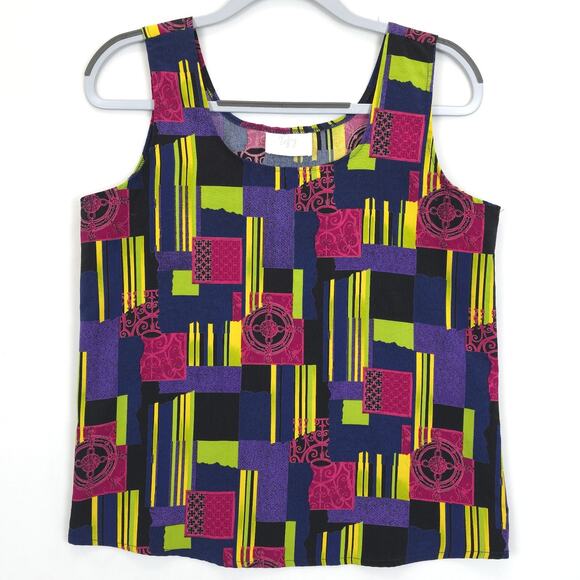Tofy Print Sleeveless Top Women 6 Multicolor Blue Purple Vtg Capsule Layering - Picture 1 of 9